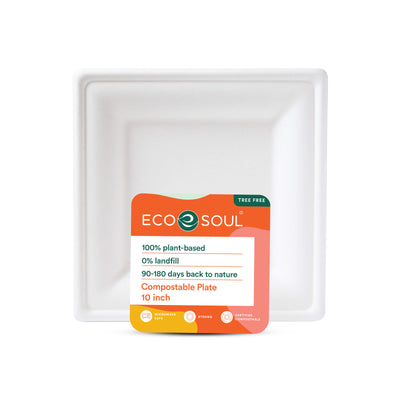 Eco-friendly 10inch square plate made of compostable material, in pearl white color.