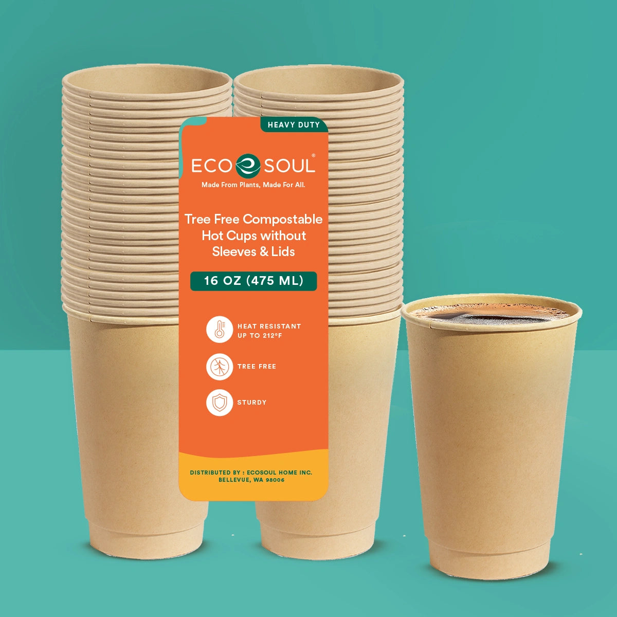 Shop ECO SOUL 100% Compostable Plant-Based (PFAS-Free) 16oz Hot Cups | (50 Count, 16 oz Hot Cups) | Disposable Bagasse Paper Cups