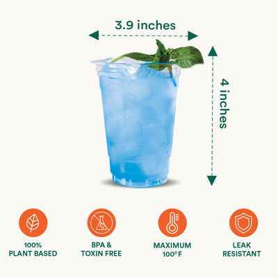 Compostable Party Cups image with blue drink and a leaf on top, showcasing it's size and features