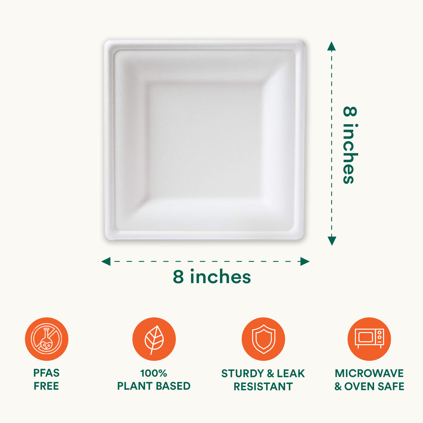 A square white plate with measurements, showcasing the size and features of Square Pearl White Compostable Plates.