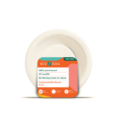 A white plate with an orange label on it, displaying '12 oz Pearl White Compostable Bowls'.