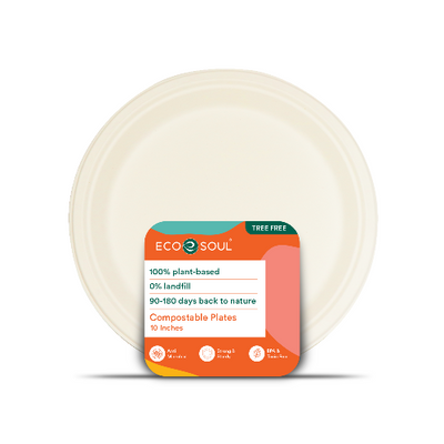 A 10-inch round compostable plate placed on a white surface.