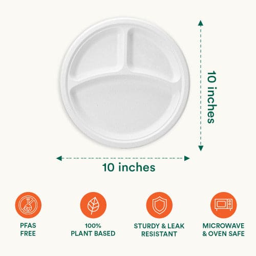 Image of Pearl White Compostable Plates, highlighting size and characteristics.