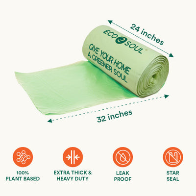 Size and Features of Multi pack compostable kitchen bags: 13 & 4 gallon sizes. Eco-friendly solution for waste disposal.