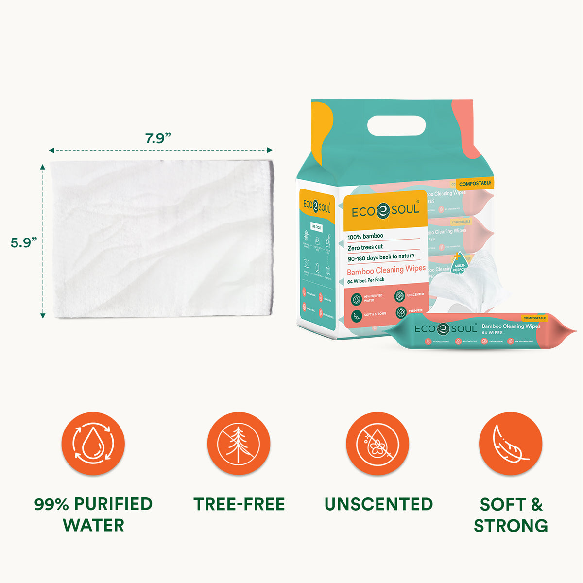 A photo of the Bamboo Premium Cleaning Wipes, highlighting their measurement and features.