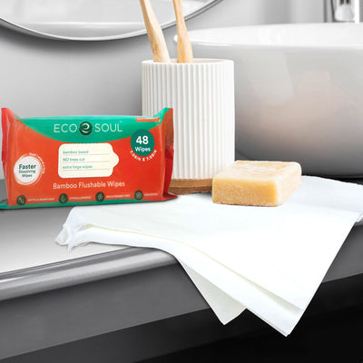 Bamboo Premium Flushable Wipes placed in a washroom along with soap