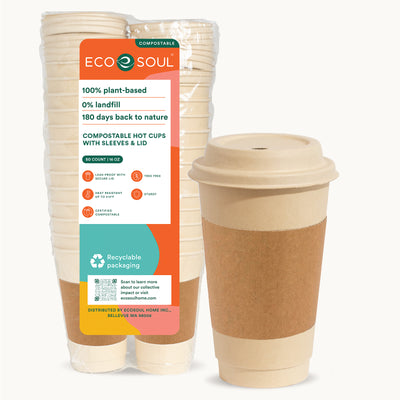 Eco Soul 16oz compostable hot coffee cups with lids and sleeves.