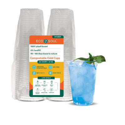 Eco-friendly disposable cups with a refreshing blue drink. 12 oz Compostable Party Cups.