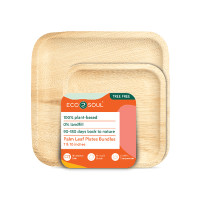Eco-friendly plate set featuring compostable palm leaf plates in 10-inch and 7-inch square sizes.