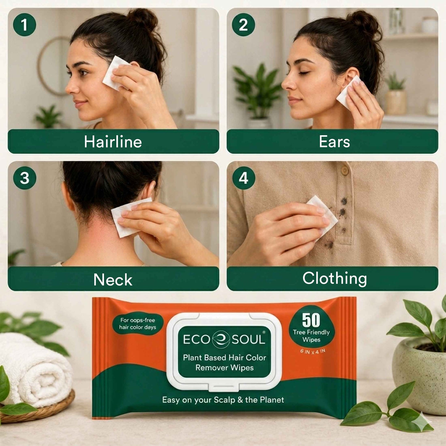 ECO SOUL Plant-Based Hair Color Remover Wipes for Skin & Scalp (50 Count, Pack of 1)