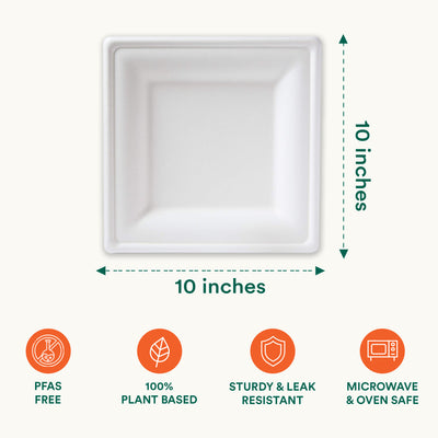 10 Inch Square Pearl White Compostable Plates