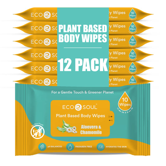 EcoSoul Plant-Based Shower Body Wipes with Aloe Vera & Chamomile  [12 x Pack of 10]
