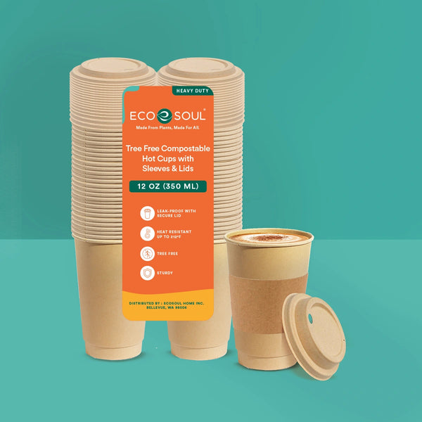 ECO SOUL 100% Compostable Coffee Cups with Lids & Sleeves