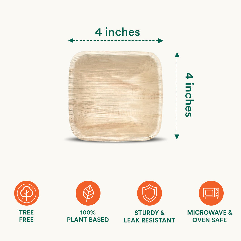 Eco-Friendly Bowls with measurements and highlighting features of Compostable 4 Inch Square Bowls made from palm leaf.