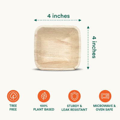 Eco-Friendly Bowls with measurements and highlighting features of Compostable 4 Inch Square Bowls made from palm leaf.
