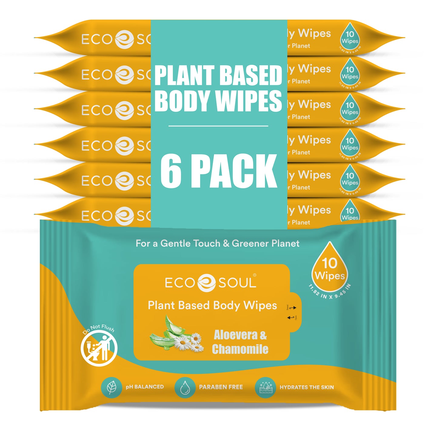 EcoSoul Plant-Based Shower Body Wipes with Aloe Vera & Chamomile  [6 x Pack of 10]