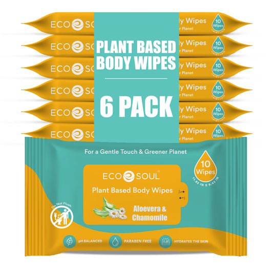 EcoSoul Plant-Based Shower Body Wipes with Aloe Vera & Chamomile  [6 x Pack of 10]