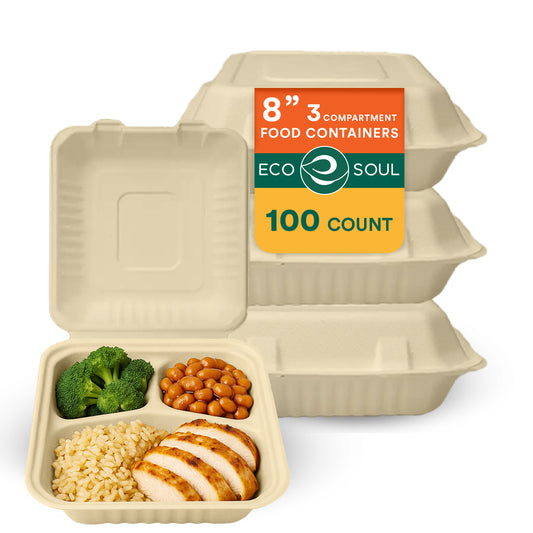 3-Compartment Clamshell Take Out Food Containers With Lids [8X8 100-Pack]