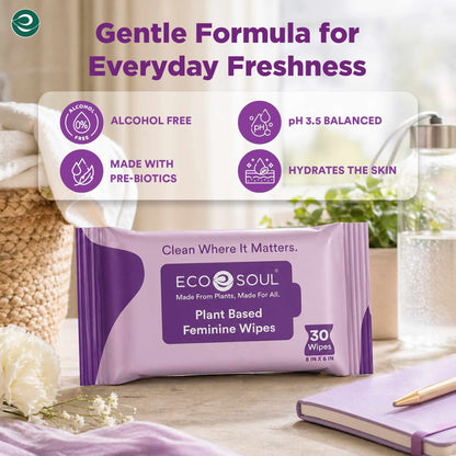EcoSoul Plant-Based Feminine Wipes For Women| 30 Eco-Friendly Wipes Each (Pack of 4)
