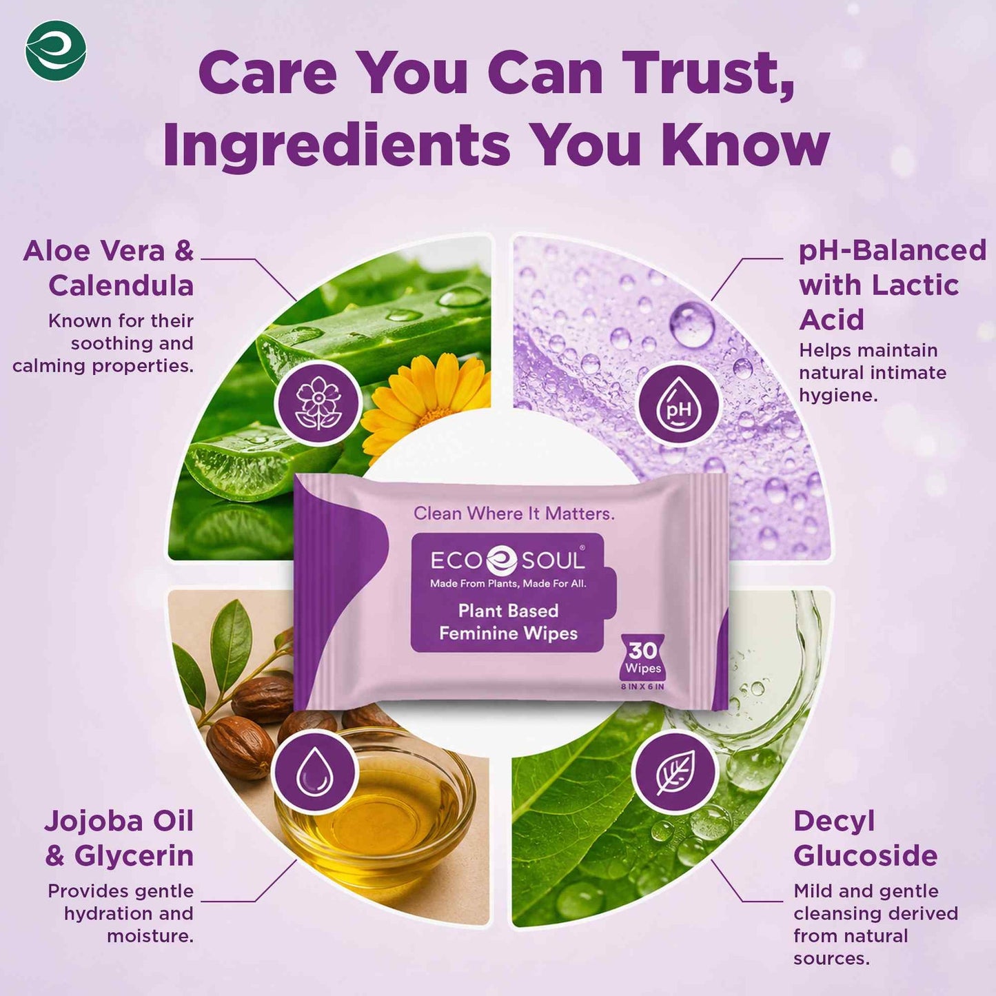 EcoSoul Plant-Based Feminine Wipes For Women| 30 Eco-Friendly Wipes Each (Pack of 4)