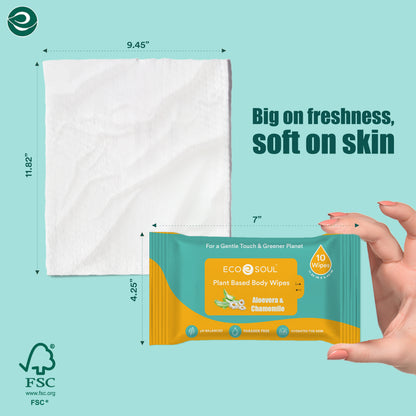EcoSoul Plant-Based Shower Body Wipes with Aloe Vera & Chamomile  [6 x Pack of 10]