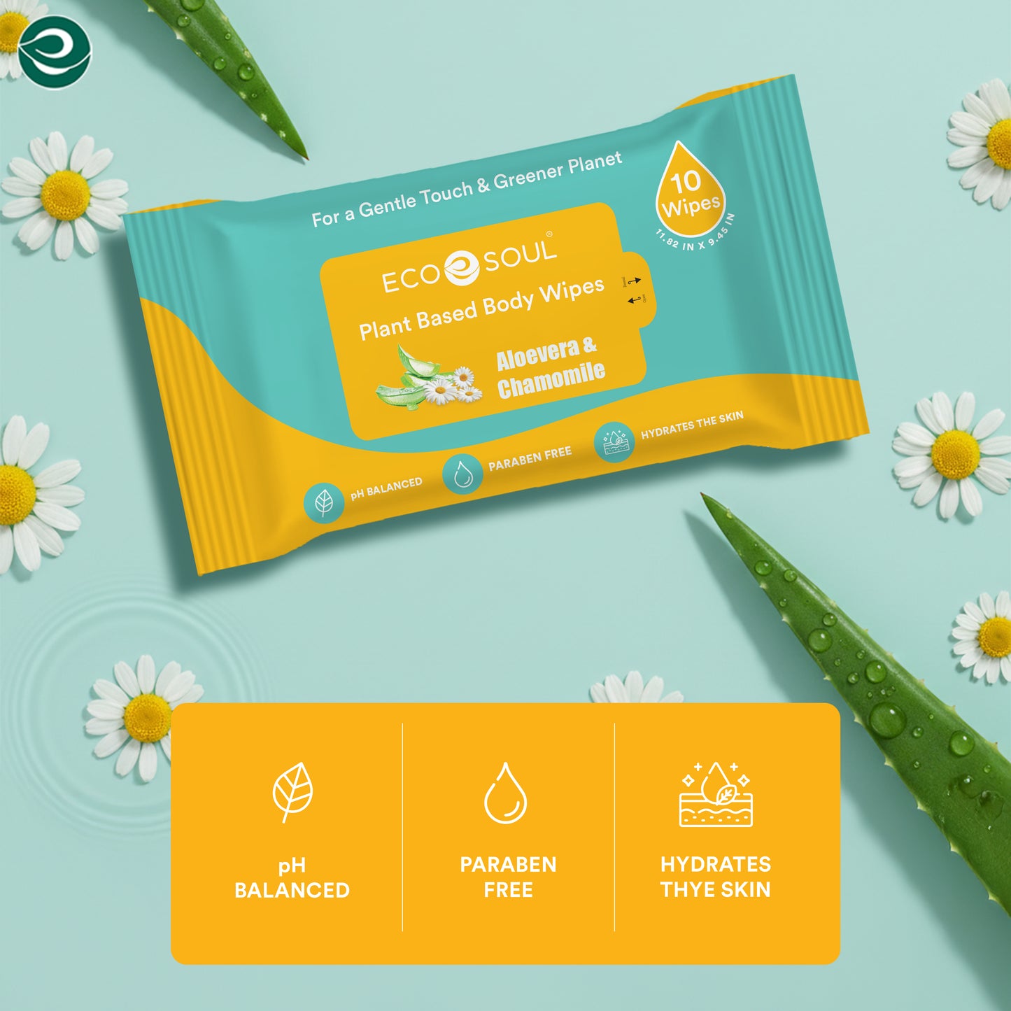 EcoSoul Plant-Based Shower Body Wipes with Aloe Vera & Chamomile  [6 x Pack of 10]