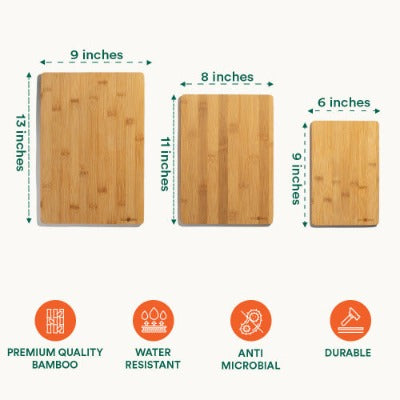 Three bamboo cutting boards, each with unique dimensions and features, perfect for various kitchen needs.