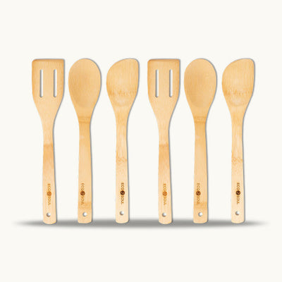 Set of 6 Bamboo Spatulas lined up against a white background. 
