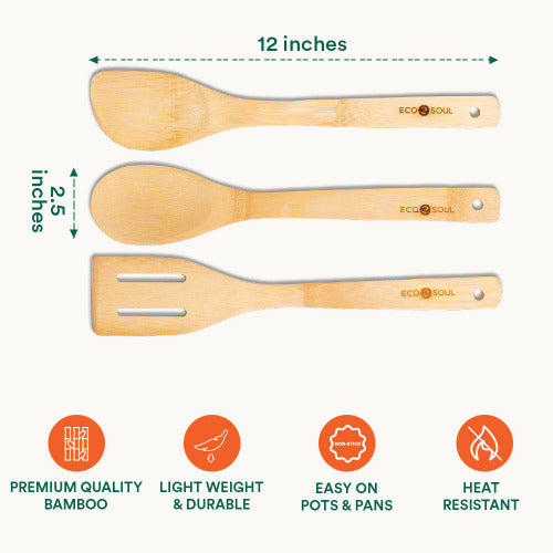 Bamboo kitchen spatulas with measurements, highlighting their size and features.
