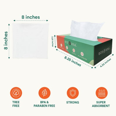 Bamboo 2 Ply Facial Tissues box displaying measurements and features