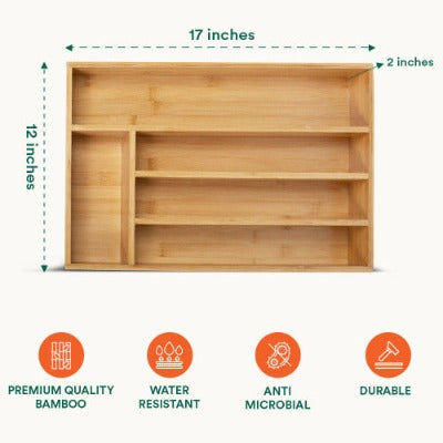 Bamboo Kitchen Drawer Organizer with measurements and features