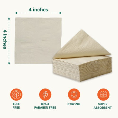 A stack of eco-friendly bamboo 3 ply paper napkins with measurements and instructions.