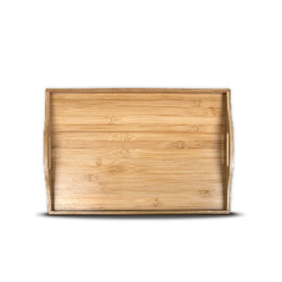 Bamboo serving tray with handles on white background.