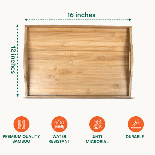 Stylish bamboo serving tray with handle, highlighting its large size and convenient carrying feature.