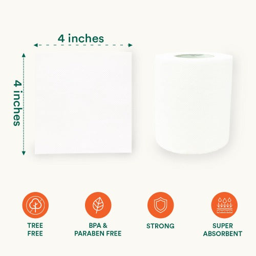 Bamboo Toilet Paper 3ply roll with measurements displayed.
