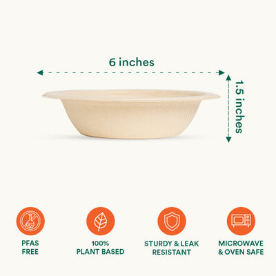 Eco-Friendly Compostable Bowl with measurements for size, showcasing sustainability and functionality.