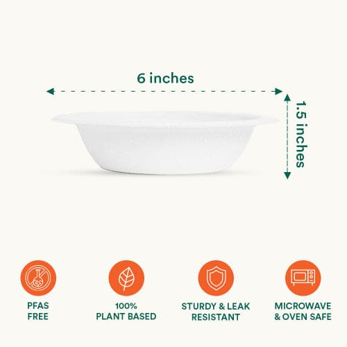 Pearl White Compostable Bowl with measurements displayed.