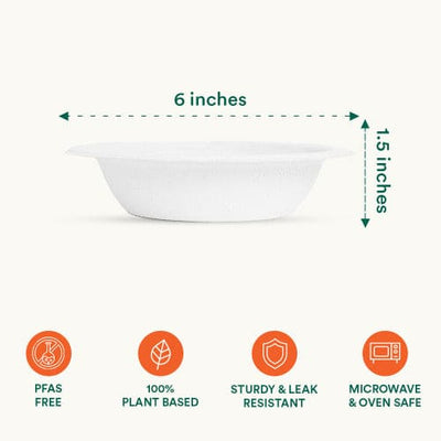 Pearl White Compostable Bowl with measurements displayed.