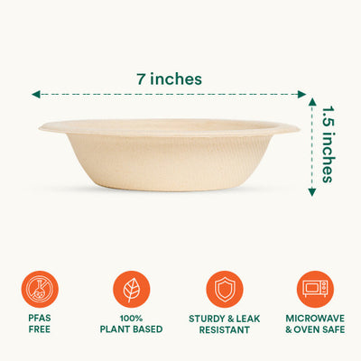 16 oz Compostable Bowl with size measurements for reference, emphasizing its features.
