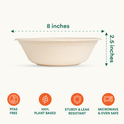 A 34oz Compostable bowl with measurements and features, perfect for eco-friendly dining.