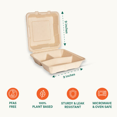 Showcasing size and features of 9 Inch Square Compostable 3 Compartment Clamshell