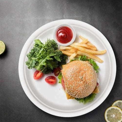 A plate with a hamburger, fries, and salad on Round Pearl White Compostable Plates.