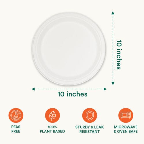 A round pearl white compostable plate with measurements for size, showcasing its features.