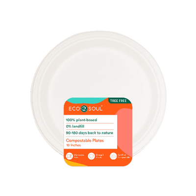 A 10-inch round compostable plate in pearl white color