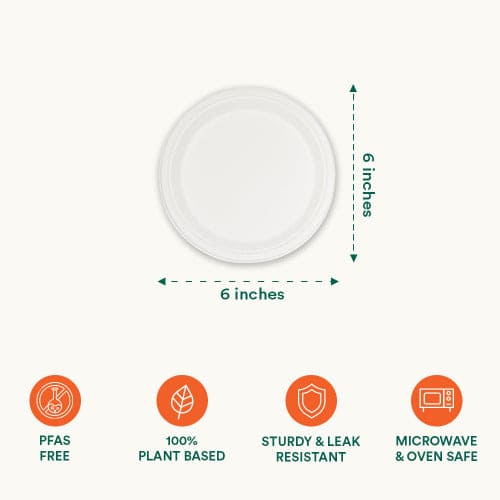 Plate with measurements and information of 6 Inch Round Pearl White Compostable Plates.