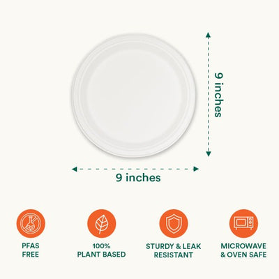 A Sustainable plate with the measurement and features of 9 Inch Round Pearl White Compostable Plates.