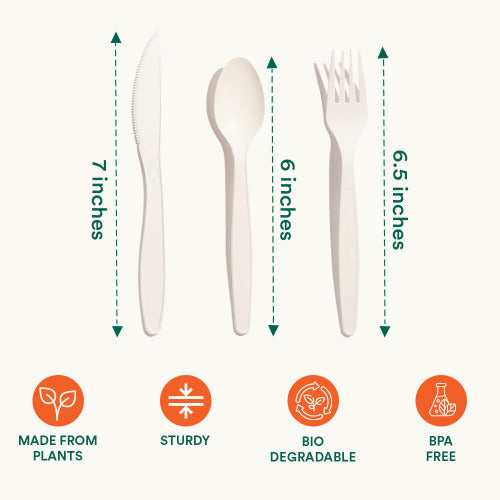 Image demonstrates the size and features of compostable cutlery set