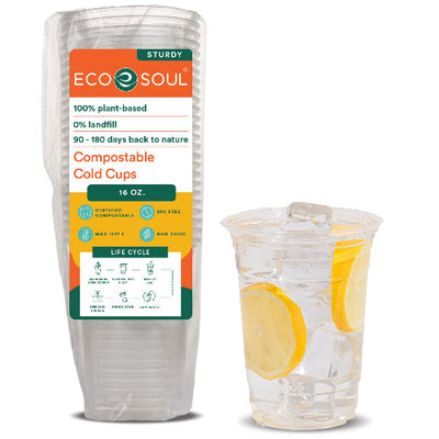 Eco-friendly 16oz compostable party cups with lemon slices, perfect for enjoying beverages.
