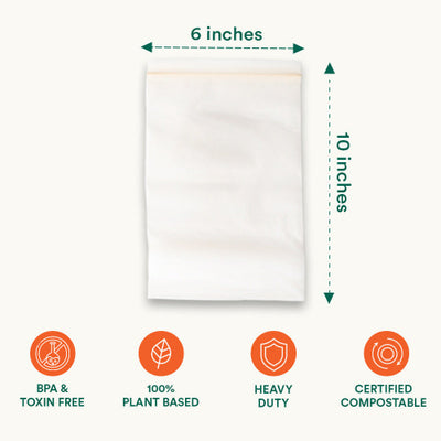 Showcasing size and features of Compostable Quart Resealable Bags 
