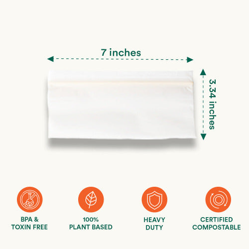 Compostable snack resealable bags displaying size and features.